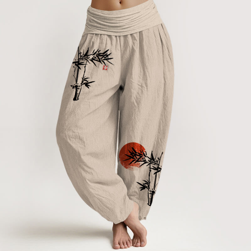Damskie spodnie haremowe z elastycznej talii z motywem Buddha Stones bambusa i czerwonego słońca, z czystej bawełny - Dębnik - US22, UK/AU26, EU54 (6XL) - image 14