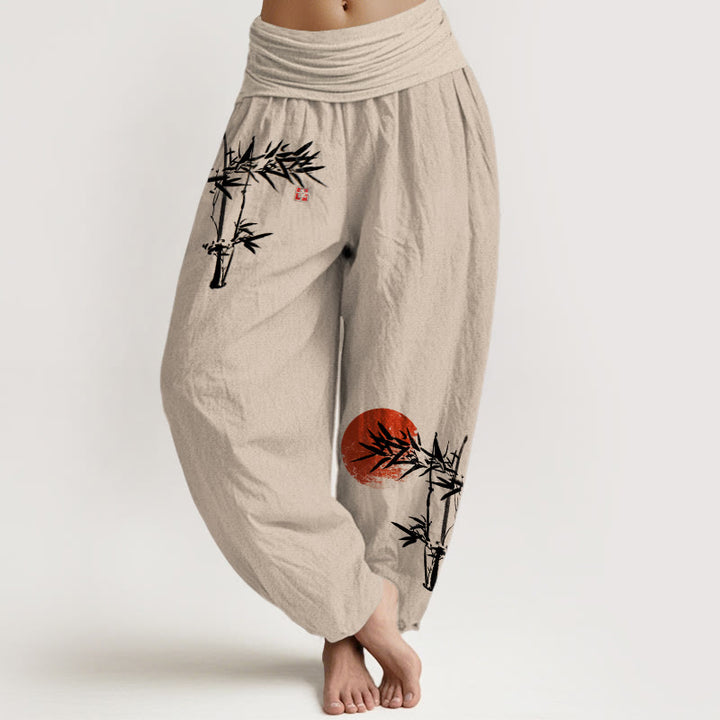 Damskie spodnie haremowe z elastycznej talii z motywem Buddha Stones bambusa i czerwonego słońca, z czystej bawełny - Dębnik - US22, UK/AU26, EU54 (6XL) - image 14