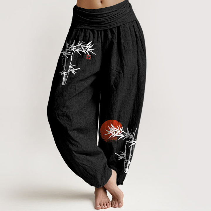Damskie spodnie haremowe z elastycznej talii z motywem Buddha Stones bambusa i czerwonego słońca, z czystej bawełny - Czarny - US22, UK/AU26, EU54 (6XL) - image 5