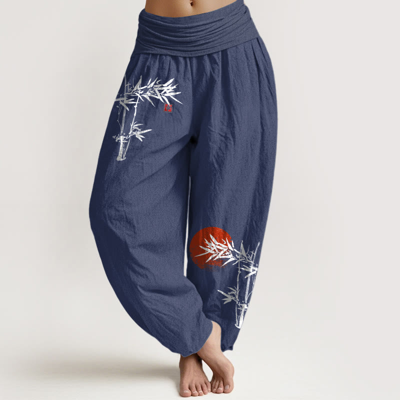 Damskie spodnie haremowe z elastycznej talii z motywem Buddha Stones bambusa i czerwonego słońca, z czystej bawełny - DarkSlateBlue - US22, UK/AU26, EU54 (6XL) - image 8
