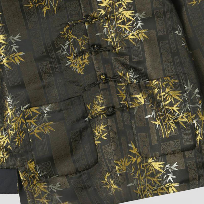 Kurtka męska z długim rękawem i kieszeniami, z żakardowym żakardem i bambusowymi guzikami w kolorze złotym i Buddha Stones - image 3