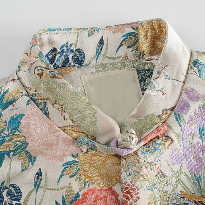 Kurtka męska z długim rękawem i kieszeniami, z motywem kaczki mandarynki i piwonii, z guzikami i Buddha Stones - image 3