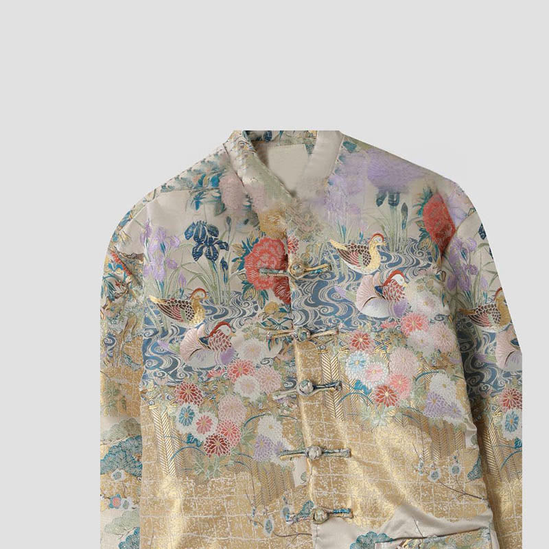 Kurtka męska z długim rękawem i kieszeniami, z motywem kaczki mandarynki i piwonii, z guzikami i Buddha Stones - image 2