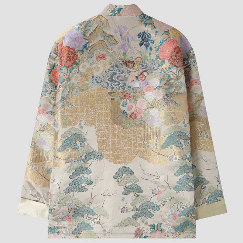 Kurtka męska z długim rękawem i kieszeniami, z motywem kaczki mandarynki i piwonii, z guzikami i Buddha Stones - image 1