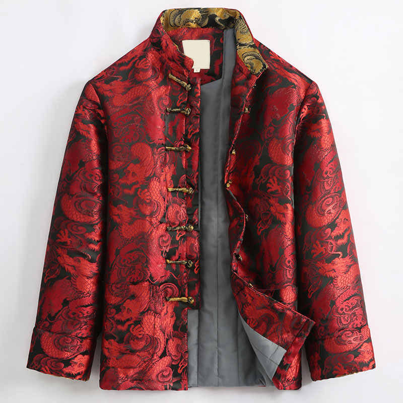Kurtka męska z długim rękawem i kieszeniami, zimowa, żakardowa, z motywem smoka i żaby, z Buddha Stones - Czerwony - US/UK/AU44， EU54 (4XL) - image 13