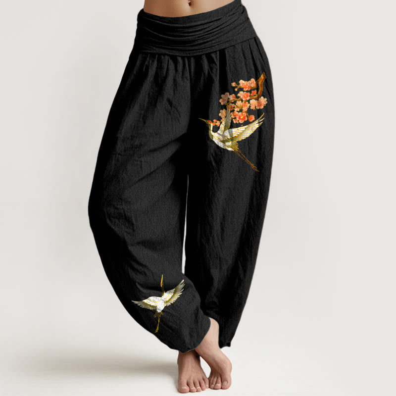 Spodnie damskie haremowe z elastycznej talii z motywem kwiatów brzoskwini i Buddha Stones z czystej bawełny - Czarny - US22, UK/AU26, EU54 (6XL) - image 0
