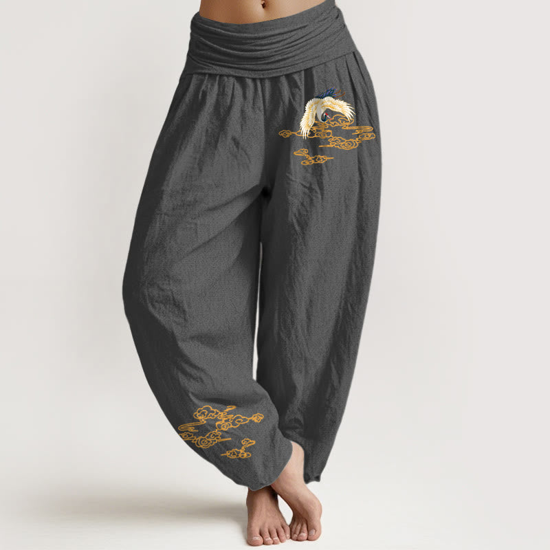 Damskie spodnie haremowe z elastycznej bawełny z motywem Buddha Stones, żurawia i pomyślnych chmur - DimGray - US22, UK/AU26, EU54 (6XL) - image 0