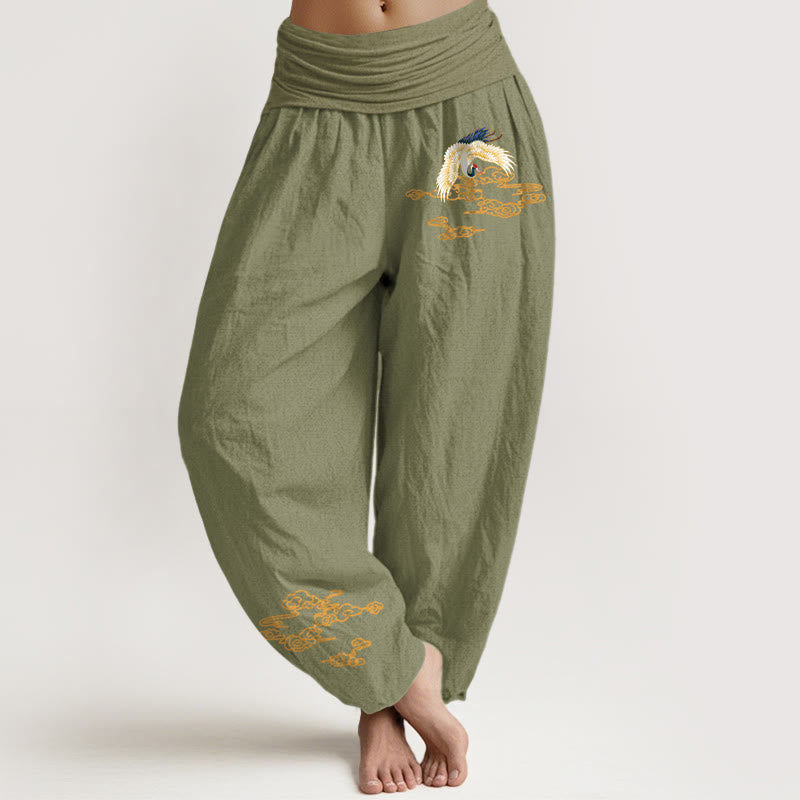 Damskie spodnie haremowe z elastycznej bawełny z motywem Buddha Stones, żurawia i pomyślnych chmur - Oliwkowy - US22, UK/AU26, EU54 (6XL) - image 14