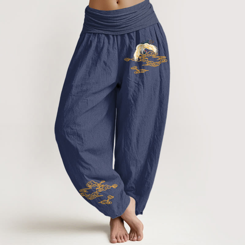 Damskie spodnie haremowe z elastycznej bawełny z motywem Buddha Stones, żurawia i pomyślnych chmur - DarkSlateBlue - US22, UK/AU26, EU54 (6XL) - image 8