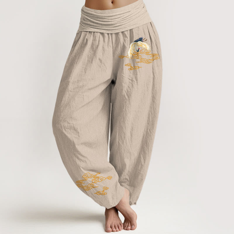 Damskie spodnie haremowe z elastycznej bawełny z motywem Buddha Stones, żurawia i pomyślnych chmur - Dębnik - US22, UK/AU26, EU54 (6XL) - image 11