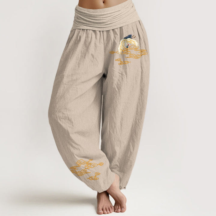 Damskie spodnie haremowe z elastycznej bawełny z motywem Buddha Stones, żurawia i pomyślnych chmur - Dębnik - US22, UK/AU26, EU54 (6XL) - image 11