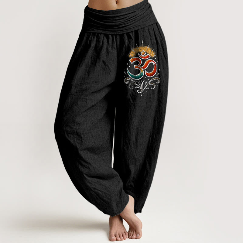 Damskie spodnie haremowe z elastycznej talii z symbolem Om i Buddha Stones w jasnym wzorze - Czarny - US22, UK/AU26, EU54 (6XL) - image 5