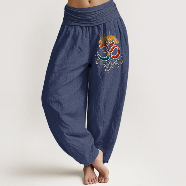 Damskie spodnie haremowe z elastycznej talii z symbolem Om i Buddha Stones w jasnym wzorze - DarkSlateBlue - US22, UK/AU26, EU54 (6XL) - image 8