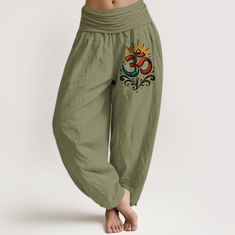 Damskie spodnie haremowe z elastycznej talii z symbolem Om i Buddha Stones w jasnym wzorze - Oliwkowy - US22, UK/AU26, EU54 (6XL) - image 14