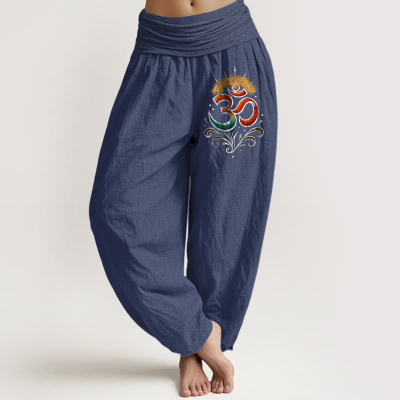Damskie spodnie haremowe z elastycznej talii z symbolem Om i Buddha Stones w jasnym wzorze - DarkSlateBlue - US22, UK/AU26, EU54 (6XL) - image 8