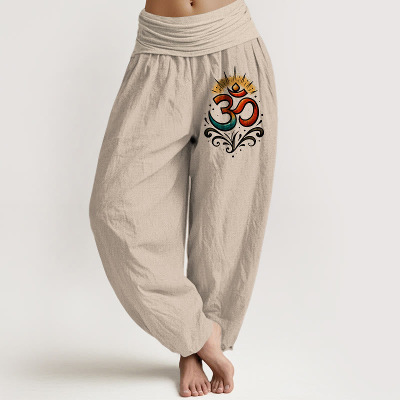 Damskie spodnie haremowe z elastycznej talii z symbolem Om i Buddha Stones w jasnym wzorze - Dębnik - US22, UK/AU26, EU54 (6XL) - image 0