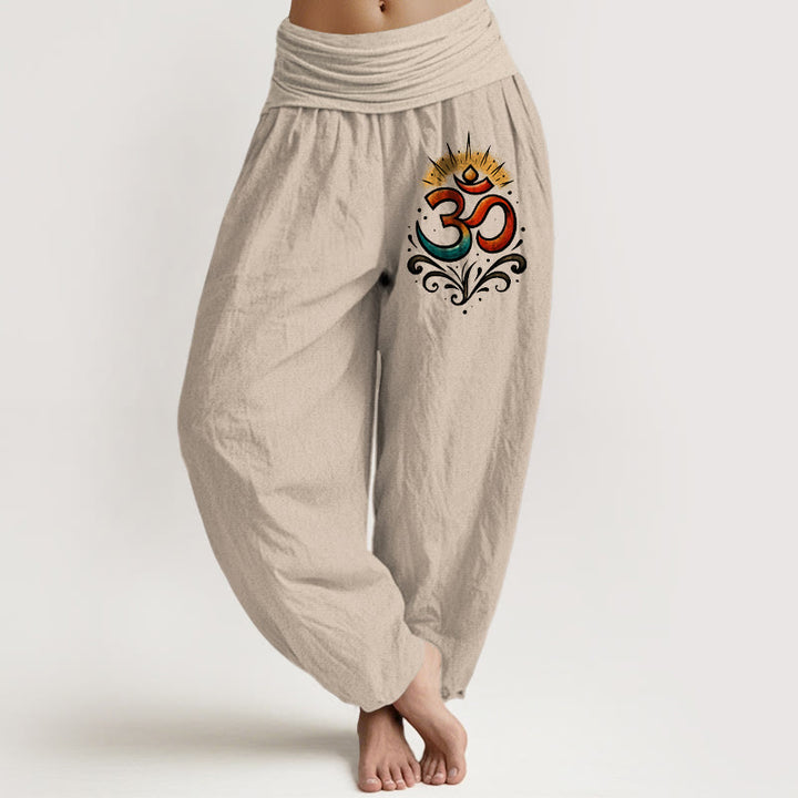 Damskie spodnie haremowe z elastycznej talii z symbolem Om i Buddha Stones w jasnym wzorze - Dębnik - US22, UK/AU26, EU54 (6XL) - image 0