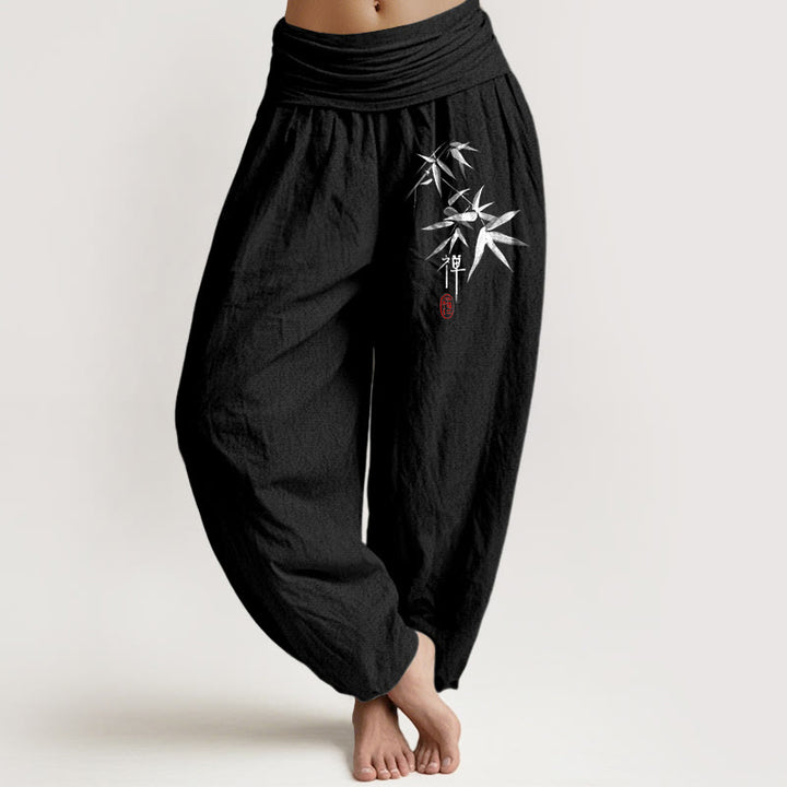 Damskie spodnie haremowe z elastyczną talią i wzorem zen, wykonane z czystej bawełny i bambusa z Buddha Stones - Czarny - US22, UK/AU26, EU54 (6XL) - image 5