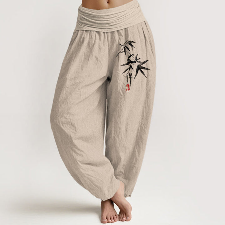 Damskie spodnie haremowe z elastyczną talią i wzorem zen, wykonane z czystej bawełny i bambusa z Buddha Stones - Dębnik - US22, UK/AU26, EU54 (6XL) - image 0