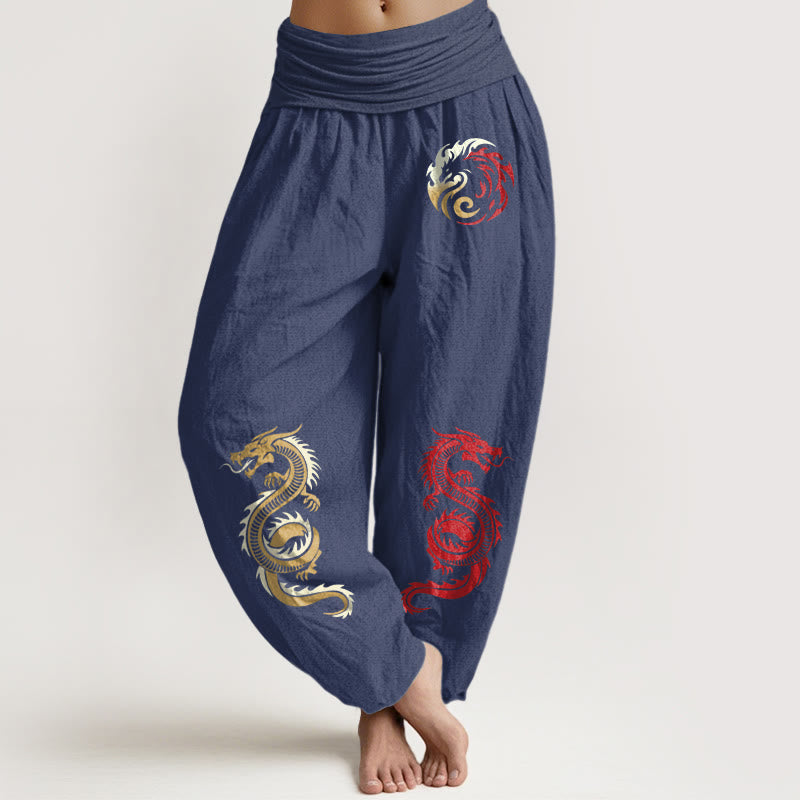 Damskie spodnie haremowe z elastyczną talią i wzorem smoka z czystej bawełny z motywem Buddha Stones - DarkSlateBlue - US22, UK/AU26, EU54 (6XL) - image 5