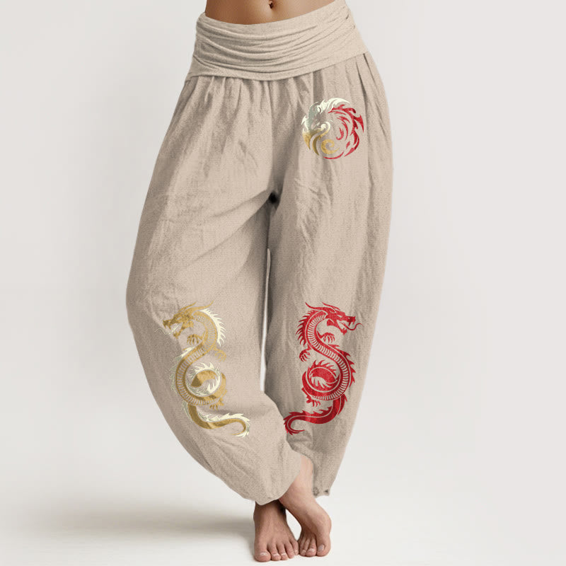 Damskie spodnie haremowe z elastyczną talią i wzorem smoka z czystej bawełny z motywem Buddha Stones - Dębnik - US22, UK/AU26, EU54 (6XL) - image 11