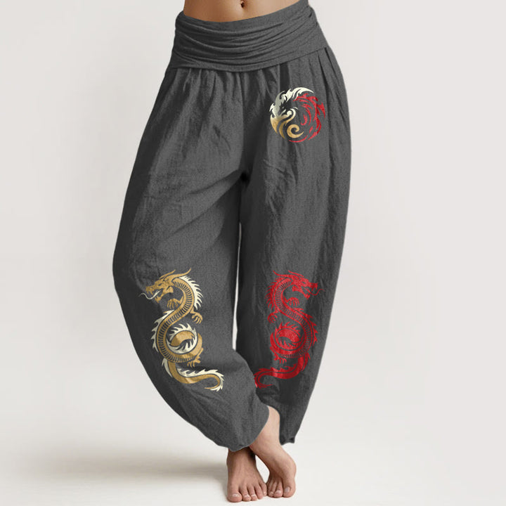 Damskie spodnie haremowe z elastyczną talią i wzorem smoka z czystej bawełny z motywem Buddha Stones - DimGray - US22, UK/AU26, EU54 (6XL) - image 8