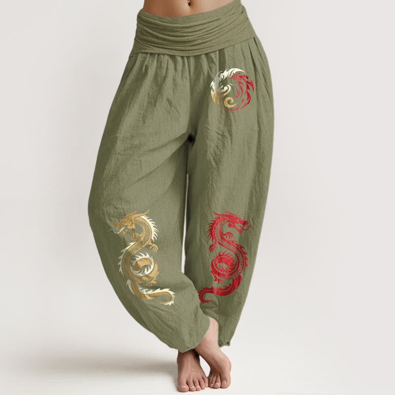 Damskie spodnie haremowe z elastyczną talią i wzorem smoka z czystej bawełny z motywem Buddha Stones - Oliwkowy - US22, UK/AU26, EU54 (6XL) - image 14