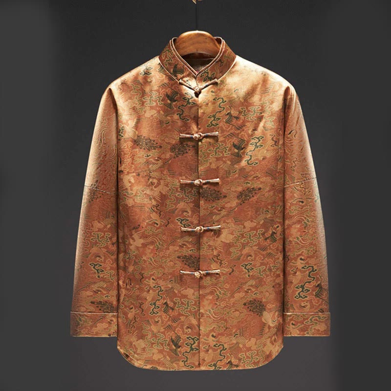 Buddha Stones 100% jedwab morwowy 30 Momme Phoenix Auspicious Clouds Kurtka męska z długim rękawem - Nawłoć - US/UK/AU44， EU54 (4XL) - image 0