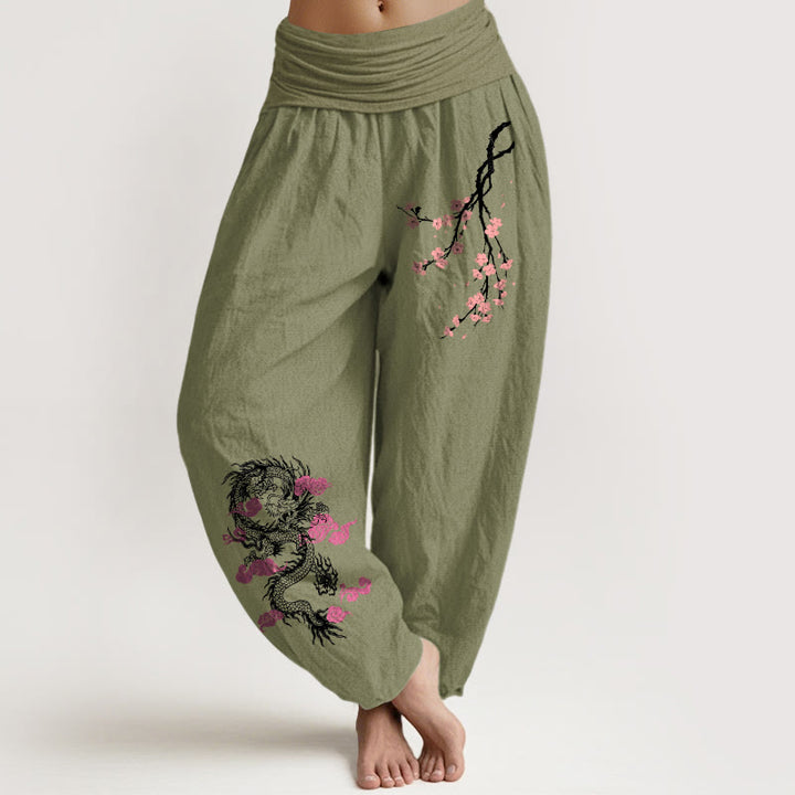 Damskie spodnie haremowe z elastycznej talii z motywem Buddha Stones, smoka, pomyślnych chmur i kwiatów - Oliwkowy - US22, UK/AU26, EU54 (6XL) - image 14