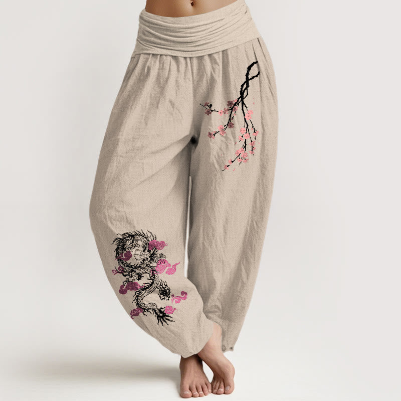 Damskie spodnie haremowe z elastycznej talii z motywem Buddha Stones, smoka, pomyślnych chmur i kwiatów - Dębnik - US22, UK/AU26, EU54 (6XL) - image 11