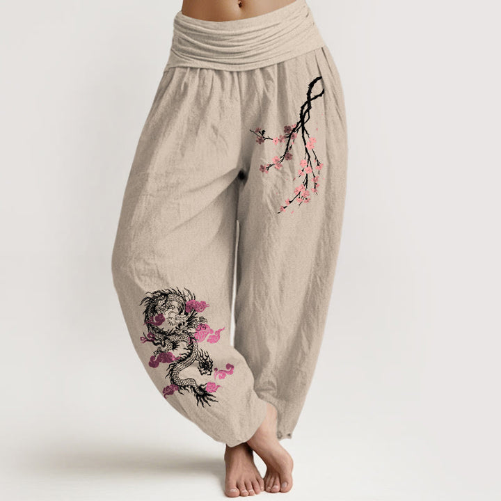 Damskie spodnie haremowe z elastycznej talii z motywem Buddha Stones, smoka, pomyślnych chmur i kwiatów - Dębnik - US22, UK/AU26, EU54 (6XL) - image 11