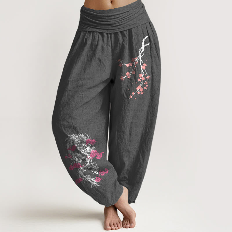 Damskie spodnie haremowe z elastycznej talii z motywem Buddha Stones, smoka, pomyślnych chmur i kwiatów - DimGray - US22, UK/AU26, EU54 (6XL) - image 8