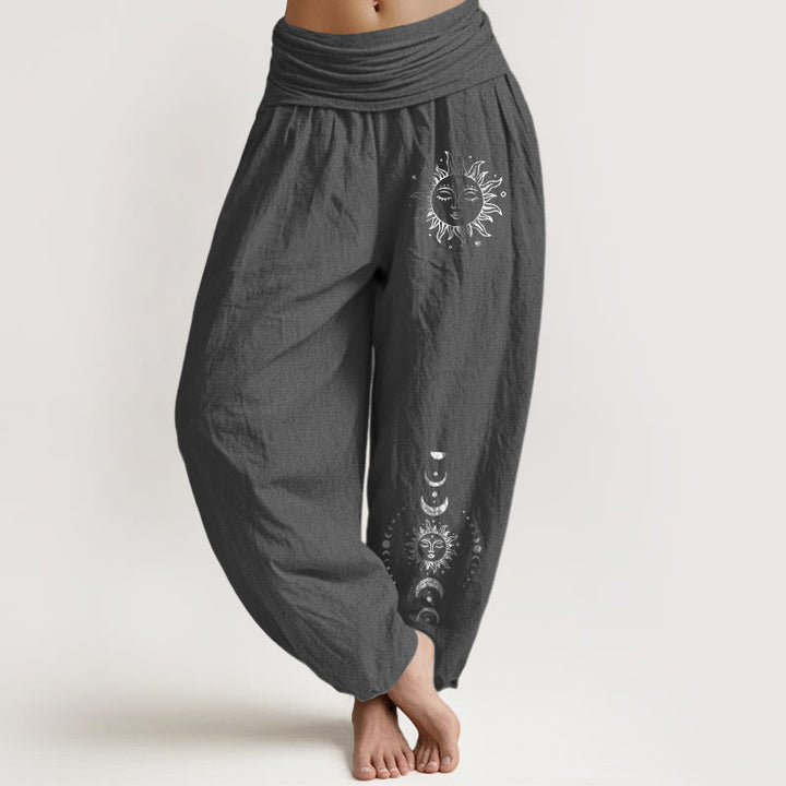 Spodnie damskie haremowe z elastycznej bawełny z motywem Buddha Stones , słońca, księżyca i gwiazd - DimGray - US22, UK/AU26, EU54 (6XL) - image 0