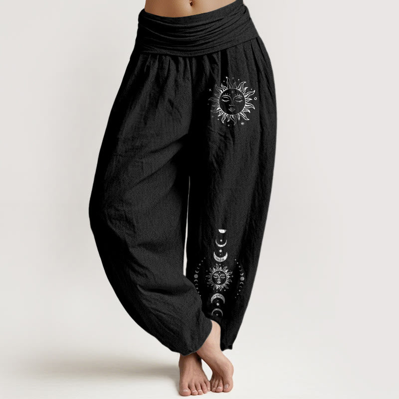 Spodnie damskie haremowe z elastycznej bawełny z motywem Buddha Stones , słońca, księżyca i gwiazd - Czarny - US22, UK/AU26, EU54 (6XL) - image 5