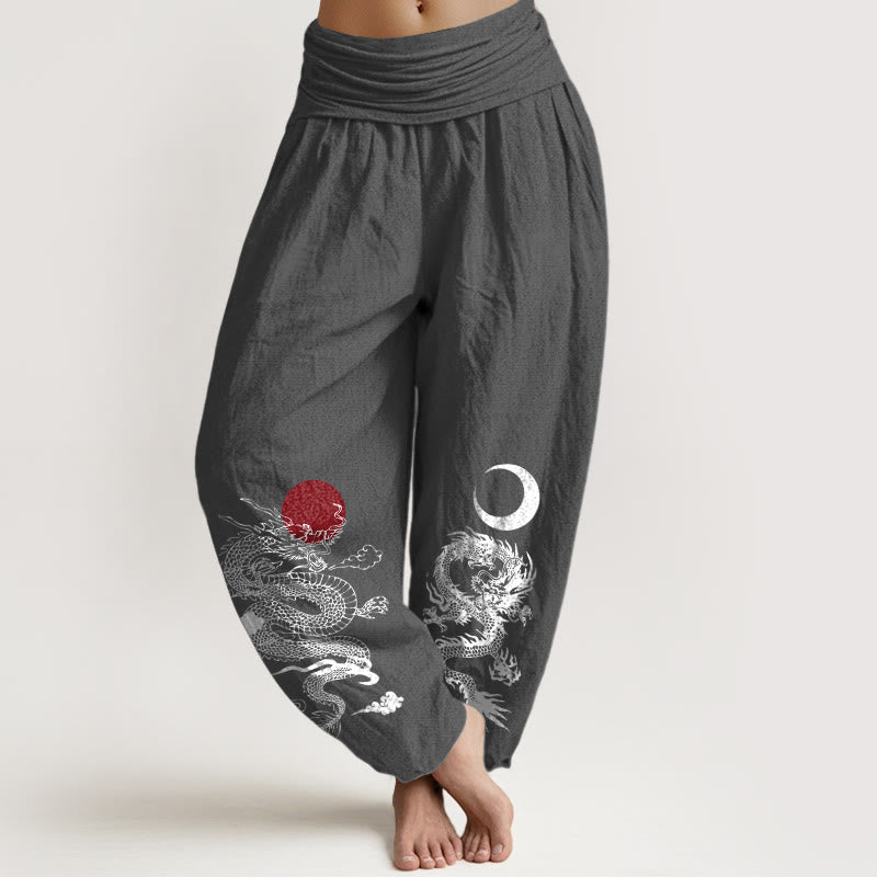 Spodnie haremowe damskie z elastyczną talią i wzorem smoka, słońca i księżyca, wykonane z Buddha Stones z czystej bawełny - DimGray - US22, UK/AU26, EU54 (6XL) - image 8
