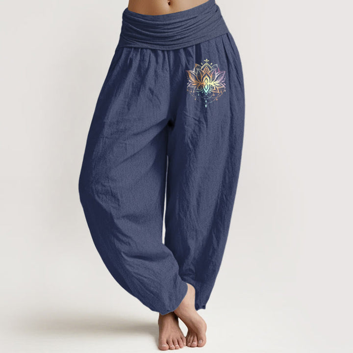 Spodnie haremki damskie z elastyczną talią i wzorem tęczowego lotosu z Buddha Stones z czystej bawełny - DarkSlateBlue - US22, UK/AU26, EU54 (6XL) - image 0