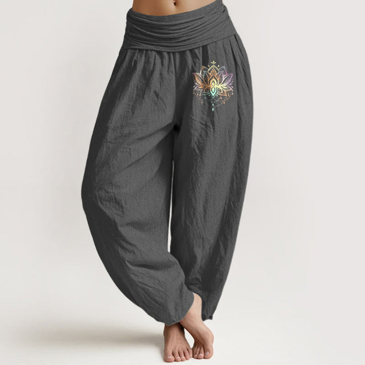 Spodnie haremki damskie z elastyczną talią i wzorem tęczowego lotosu z Buddha Stones z czystej bawełny - DimGray - US22, UK/AU26, EU54 (6XL) - image 8