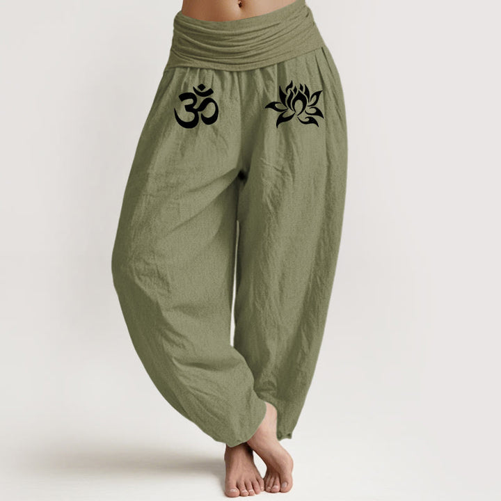 Damskie spodnie haremowe z elastyczną talią, z motywem symbolu lotosu i Buddha Stones w jednolitym kolorze i bawełną - Oliwkowy - US22, UK/AU26, EU54 (6XL) - image 14
