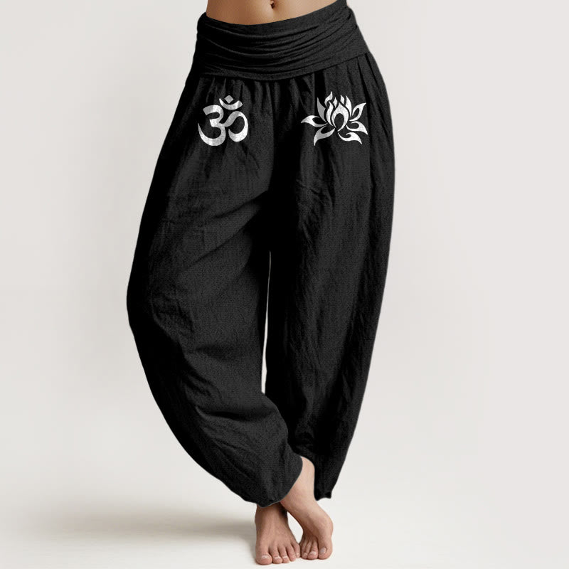 Damskie spodnie haremowe z elastyczną talią, z motywem symbolu lotosu i Buddha Stones w jednolitym kolorze i bawełną - Czarny - US22, UK/AU26, EU54 (6XL) - image 5