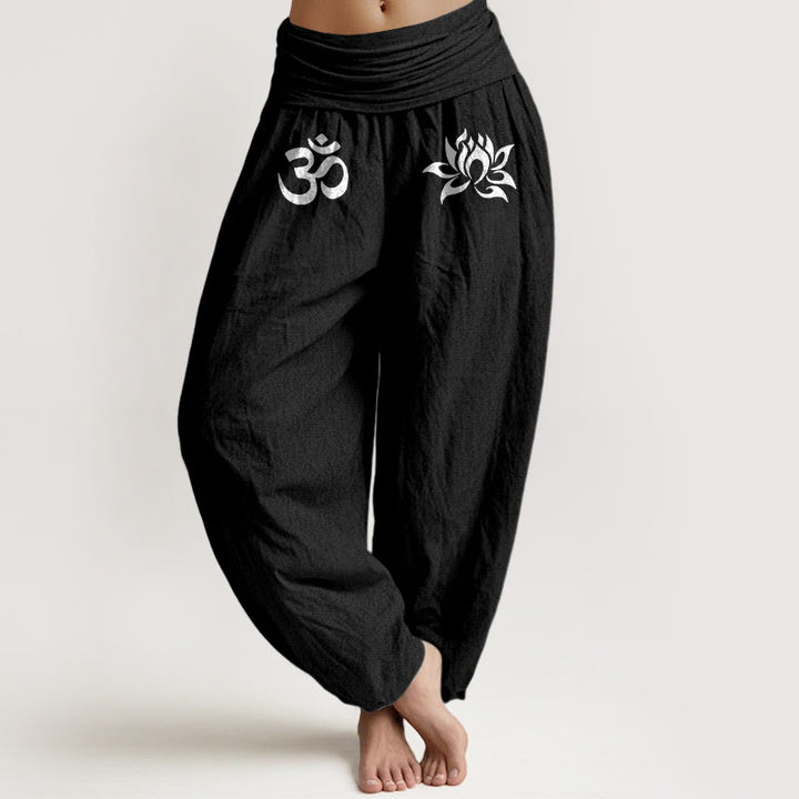 Damskie spodnie haremowe z elastyczną talią, z motywem symbolu lotosu i Buddha Stones w jednolitym kolorze i bawełną - Czarny - US22, UK/AU26, EU54 (6XL) - image 5