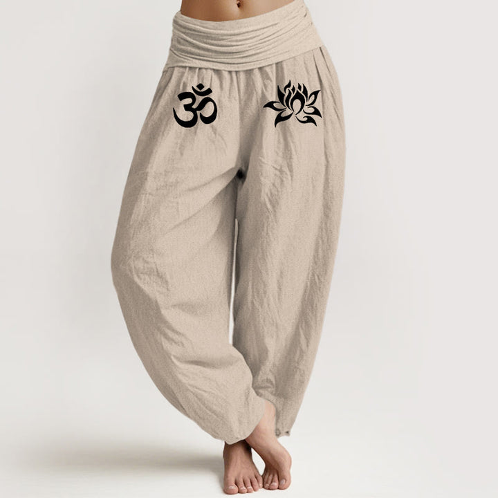 Damskie spodnie haremowe z elastyczną talią, z motywem symbolu lotosu i Buddha Stones w jednolitym kolorze i bawełną - Dębnik - US22, UK/AU26, EU54 (6XL) - image 11