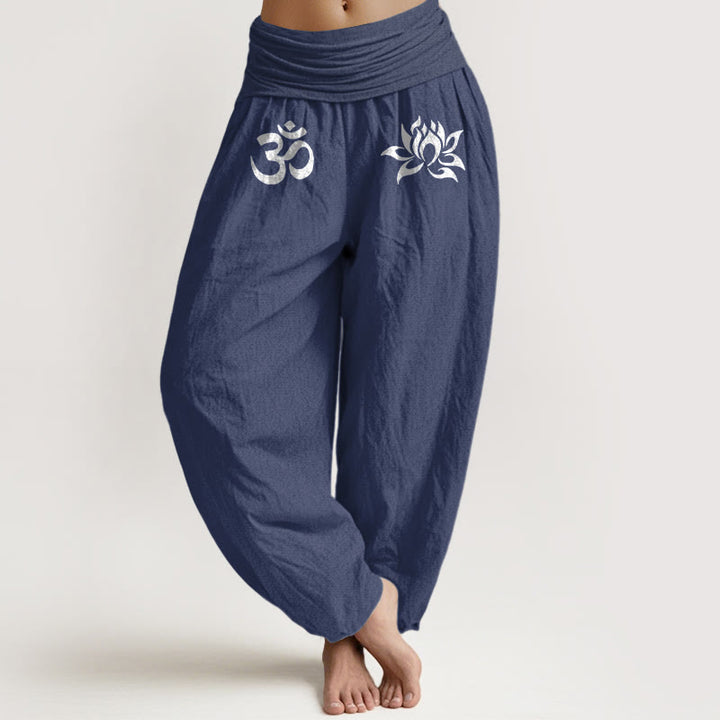 Damskie spodnie haremowe z elastyczną talią, z motywem symbolu lotosu i Buddha Stones w jednolitym kolorze i bawełną - DarkSlateBlue - US22, UK/AU26, EU54 (6XL) - image 8