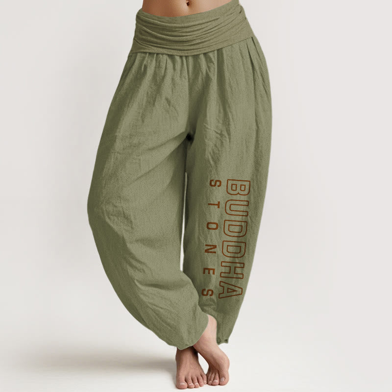 Spodnie haremowe damskie z elastyczną talią i napisem „ Buddha Stones Buddha Stones ” w jednolitym kolorze z czystej bawełny - Oliwkowy - US22, UK/AU26, EU54 (6XL) - image 14