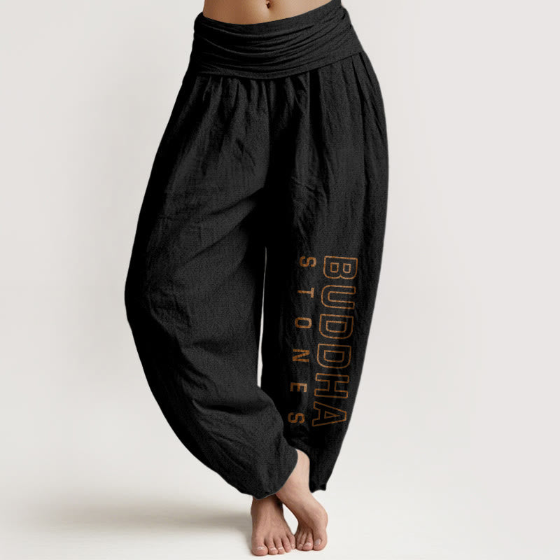 Spodnie haremowe damskie z elastyczną talią i napisem „ Buddha Stones Buddha Stones ” w jednolitym kolorze z czystej bawełny - Czarny - US22, UK/AU26, EU54 (6XL) - image 5