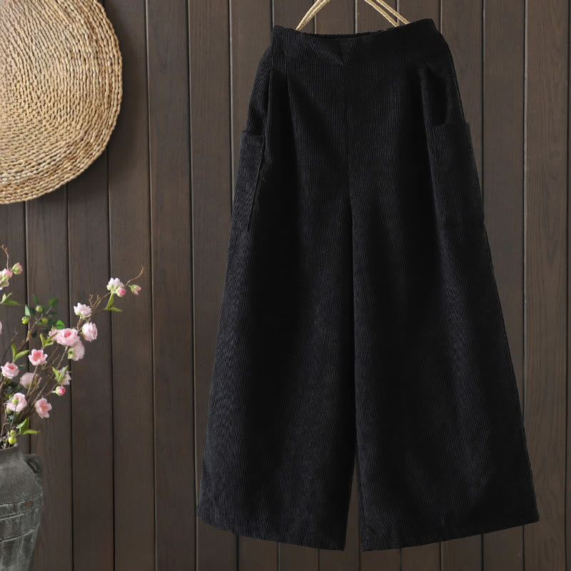 Damskie spodnie z szerokimi nogawkami, z bawełny sztruksowej i kieszeniami, z podszewką z polaru Buddha Stones i wysokim stanem - Czarny - US8-10，UK/AU12-14，EU40-42 (2XL) - image 10