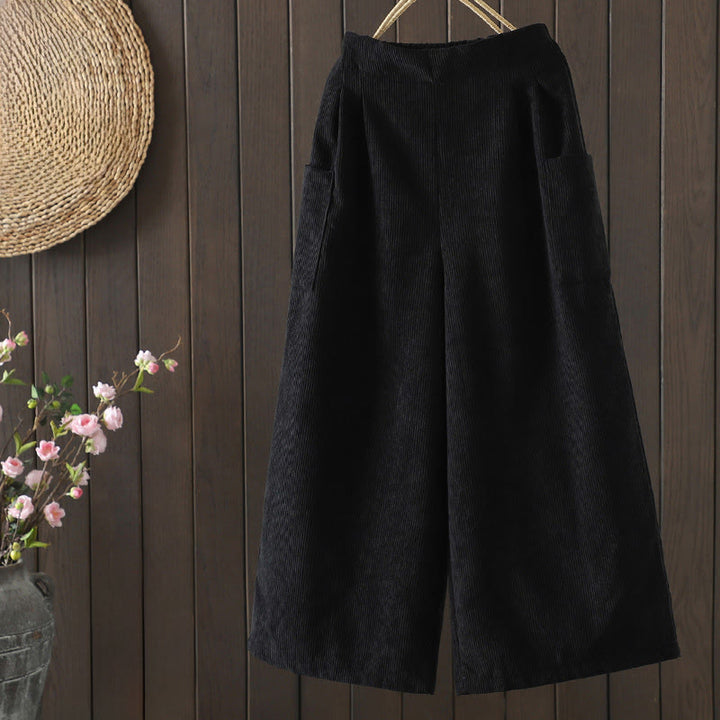 Damskie spodnie z szerokimi nogawkami, z bawełny sztruksowej i kieszeniami, z podszewką z polaru Buddha Stones i wysokim stanem - Czarny - US8-10，UK/AU12-14，EU40-42 (2XL) - image 10