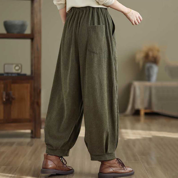 Damskie spodnie haremowe z materiału sztruksowego z kieszeniami i kieszeniami, zimowe, jednokolorowe, do kostek, z motywem Buddha Stones - image 5