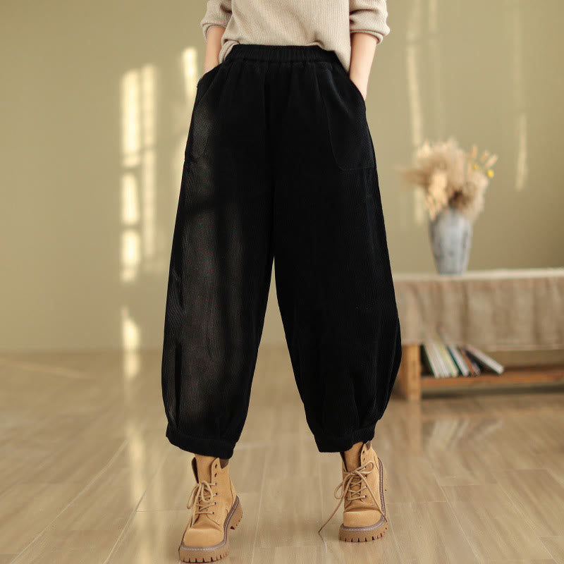 Spodnie haremki damskie z grubego sztruksu z kieszeniami i gładkim elastycznym pasem w motywy Buddha Stones - Czarny - US8-10，UK/AU12-14，EU40-42 (2XL) - image 6