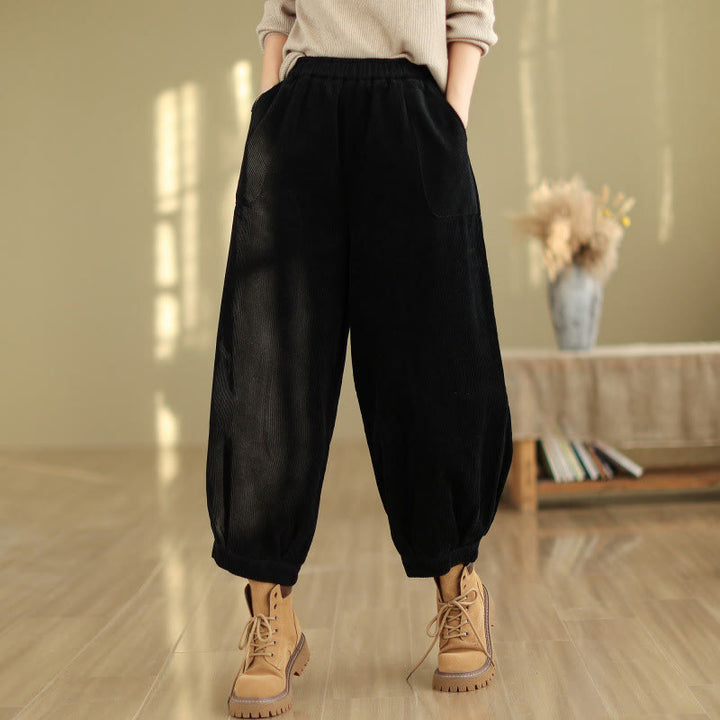 Spodnie haremki damskie z grubego sztruksu z kieszeniami i gładkim elastycznym pasem w motywy Buddha Stones - Czarny - US8-10，UK/AU12-14，EU40-42 (2XL) - image 6