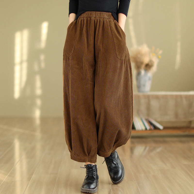 Spodnie haremki damskie z grubego sztruksu z kieszeniami i gładkim elastycznym pasem w motywy Buddha Stones - SaddleBrown - US8-10，UK/AU12-14，EU40-42 (2XL) - image 0